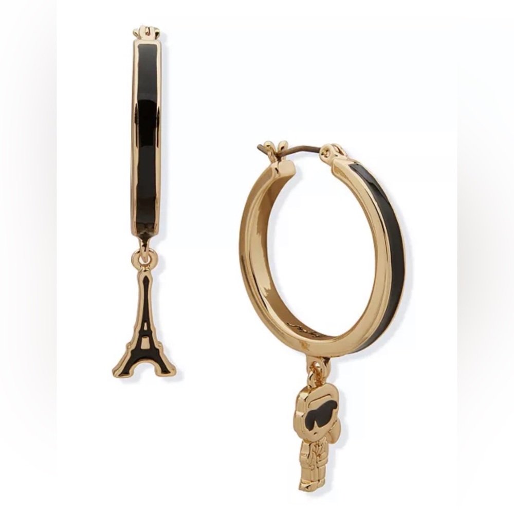NWT! Karl Lagerfeld Paris Gold-Tone Charm Drop Hoop Earrings
